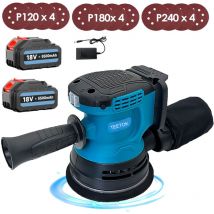 Teetok - Levigatrici orbitali e rotative, senza fili, senza spazzole, 125 mm, 3 velocità, contenitore per la polvere, 12 dischi (2 batterie da 5,5 a