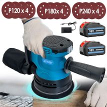 Teetok - Levigatrice orbitale casuale senza spazzole senza fili, 125 mm, 3 velocità, contenitore per la polvere e 12 dischi + 2 batterie da 5,5 Ah +