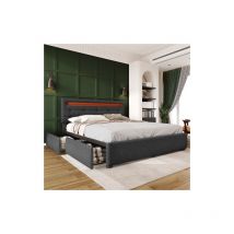 Lit double avec éclairage led et 4 tiroirs, rembourré 140x200cm, tête de lit réglable en hauteur, sommier à lattes en bois, gris - Liberté