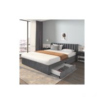 Liberté - Lit Double capitonné 180 x 200 cm en velours, cadre à lattes avec dossier et 2 tiroirs, gris