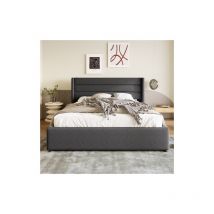 Lit double de rangement rembourré et hydraulique 180x200cm, sommier à lattes en bois et metal, lin, gris - Liberté