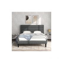Liberté - Lit double rembourré 140 x 200 cm, cadre de lit avec sommier à lattes et tête de lit, en tissu de lin gris foncé
