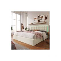 LIBERTÉ Lit double rembourré avec sommier à lattes et espace de rangement et bande lumineuse LED, cadre 180x200 cm,similicuir blanc