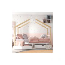 Lit cabane en bois pour enfants avec tiroirs et sommier à lattes, en bois massif de pin, blanc + bois (90x200cm) - Liberté