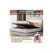 Lit rembourré 180 x 200 cm avec sommier à lattes et espace de rangement, éclairage led, blanc, pu - Liberté