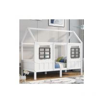 Liberté - Lit cabane, lit simple pour enfant avec 2 fenêtres, cadre en pin, mdf, blanc (200x90cm)