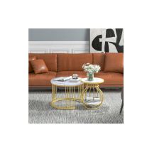LIBERTÉ Lot de 2 tables basse ronde avec structure en métal table de salon gigognes modernes, aspect marbre blanc et doré