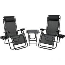 Liferun - Chaises Longues de Jardin Pliables, Pack de 3 avec Table d'appoint, Chaise Longue inclinable avec Support de Gobelet et Appuie Tête,