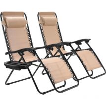 Set di 2 sedie a sdraio pieghevole con poggiatesta e schienale regolabili, per riposare il pranzo con portabevande ergonomiche e traspiranti, beige