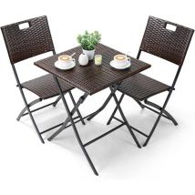 Set di 3 mobili da balcone in rattan, mobili da giardino da bistrò, 1 tavolo pieghevole e 2 sedie, colore marrone, pieghevole, per balcone, terrazza