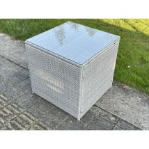 Fimous - Light Grey Rattan Cube Side Table Tea Coffee Table Outdoor Garden Furniture Accessory With Clear Tempered Glass