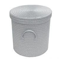 Strong Woven Round Lidded Laundry Storage Basket Bin Lined PVC Handle [Light Grey,Medium 30 x 32 cm] - Light Grey