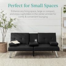 Limon 2-Seater Adjustable Black Leather Sofa Bed with Built-In Drink Holder