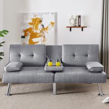 Limon 2-Seater Adjustable Grey Fabric Sofa Bed with Built-In Drink Holder