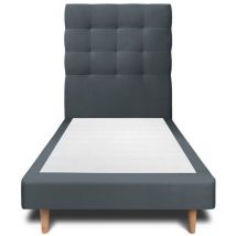 Lit 90x190cm avec tête de lit capitonnée velours et sommier tapissier gris anthracite - Hauteur totale : 29cm