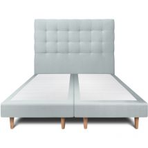 Lit 200x200cm avec tête de lit capitonnée velours et double sommier tapissier gris bleuté - Hauteur totale : 29cm