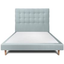 Lit 150x190cm avec tête de lit capitonnée velours et sommier tapissier gris bleuté - Hauteur totale : 29cm