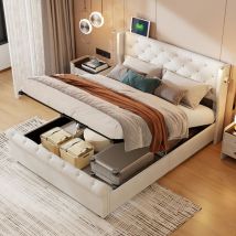 Lit 140 x 190 avec sommier,lit coffre double 140 x 190,lit adulte capitonné avec chargement USB,liseuse,velours, beige