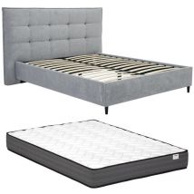 Vente-unique - Lit 140 x 190 cm avec tête de lit capitonnée - Tissu - Gris + Matelas - nirpio