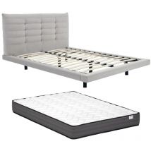 Vente-unique - Lit 140 x 190 cm avec tête de lit capitonnée - Velours - Gris + Matelas - nisatio