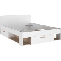 Vente-unique - Lit 140 x 190/200 cm avec rangements - Blanc et naturel - kinselia