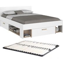 Vente-unique - Lit 140 x 190/200 cm avec rangements - Blanc et naturel + Sommier - kinselia