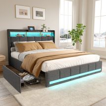 Lit 140 X 190 Avec Sommier,lit 2 Personnes Avec Tiroirs Et Étagères De Rangement Ouvertes,lit Double Rembourré Avec Led Et Usb,lit 140 X 190 Avec 