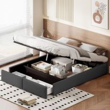 Eifson - Lit coffre 140x200 cm, avec 2 tiroirs, rangement hydraulique, lin, lit plateforme tapissé sans tête de lit, convient aux adultes et aux