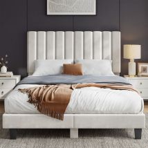 Inre – Lit Adulte 140x190 Cm – Tête De Lit Rembourrée En Velours Beige – Structure Robuste Avec 24 Lattes – Capacité De Charge 350 Kg