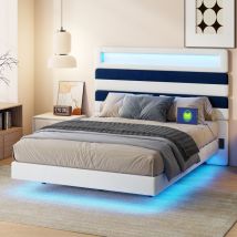 Lit double capitonné 160x200 cm, Velours, lit flottant avec Tête de lit rayée, avec port de chargement USB et éclairage LED, Sommier à lattes, Lit