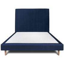 Lit 140x200cm avec tête de lit tapissier velours et sommier tapissier Bleu - Hauteur totale : 29cm