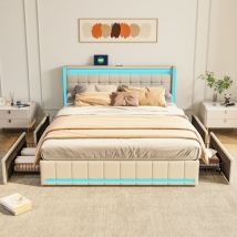 Lit 140x200 Avec 4 Tirtors,lit Double Capitonné 140x200 Avec Sommier À Lattes,tête De Lit Avec Lumières Led Réglables Et Chargement Usb,matière Lin 