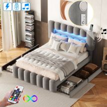 Lit 140x200 cm, 2 places, avec 4 tiroirs de rangement, led, usb, MP3 Audio, Tête de Lit réglable en hauteur, scandinave, lit adulte capitonné en
