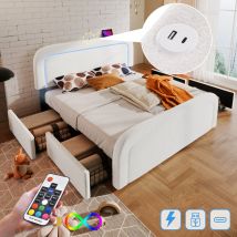 Lit 140x200 cm avec 4 tiroirs, lit adulte capitonné avec fonction de chargement usb Type c, blanc, sans matelas