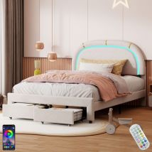 Lit 140x200 cm, avec 2 tiroirs, éclairage led, sommier à lattes en bois, cadre en métal, espace de rangement, lit capitonné en velours - Beige