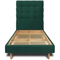 Lit 90x190cm avec tête de lit capitonnée velours et sommier kit vert - Hauteur totale : 29cm