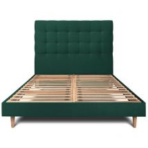 Lit 160x200cm avec tête de lit capitonnée velours et sommier kit vert - Hauteur totale : 29cm