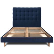 Lit 140x190cm avec tête de lit capitonnée velours et sommier kit Bleu - Hauteur totale : 29cm