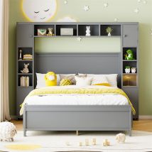 Lit 140x200cm, Cadre de lit, avec 4 tiroirs et grand placard de rangement, lit double en bois massif avec sommier à lattes, gris