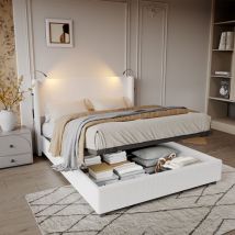 Lit 140x200,lit coffre 140x200,lit adule 140x200,Tête de lit avec liseuse et chargement USB,velours côtelé,beige