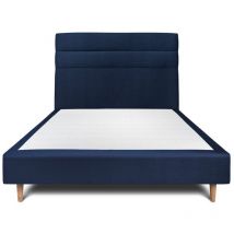 Lit 140x190cm avec tête de lit lignes velours et sommier tapissier Bleu - Hauteur totale : 35cm