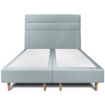 Lit 160x200cm avec tête de lit lignes velours et double sommier tapissier gris bleuté - Hauteur totale : 35cm