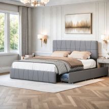 Sureh - Lit 140 x 200 avec tête de lit et sommier, Lit double tapissé avec rangement, 4 tiroirs, Cadre de lit 140x200 avec sommier, velours, Gris