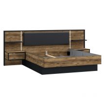 Lit 160 x 200 cm décor bois épicéa et noir avec éclairage led - celia