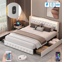 Dans Les Nuages - Lit 160x200 cm, 2 places, avec 4 tiroirs, led, port usb-a/c, Bandes en métal Doré, Boutons en cristal, sommier à lattes en bois,