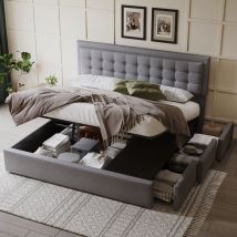 Wishdor - Lit 180x200 cm avec 3 tiroirs, lit coffre 180x200 cm, lit capitonné gris avec tête de lit capitonné et sommier à lattes, lin, sans matelas
