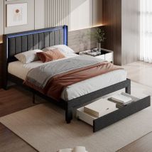 Nmonet - lit 160x200 cm avec tiroir, sommier à lattes, tissu en lin, bandeau lumineux led, port usb, lit double capitonné - Gris