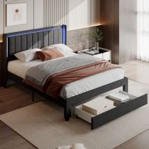 Nmonet - lit 180x200 cm avec tiroir, sommier à lattes, tissu en lin, bandeau lumineux led, port usb, lit double capitonné - Gris