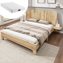 Wishdor - Lit 160x200 cm, lit en bois 160x200 cm avec tête de lit rangement et sommier à lattes, chêne, matelas inlcus