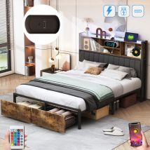 Dans Les Nuages - Lit 160x200 cm, avec 2 tiroirs, éclairage led, usb-a/c charge, tête de lit capitonné, étagères de rangement, cadre en métal, lit